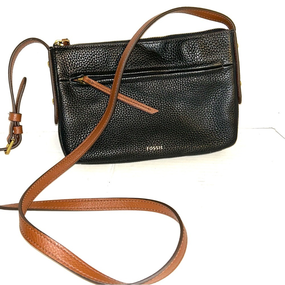Fossil Black Leather Crossbody Bag Brown Adjustable Strap Medium 10 x 6.5